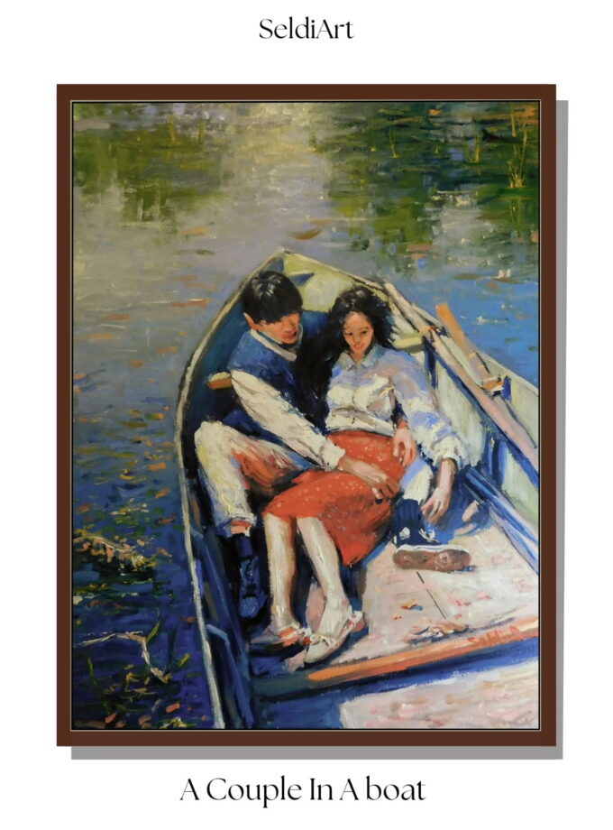 A couple In A boat original oil painting